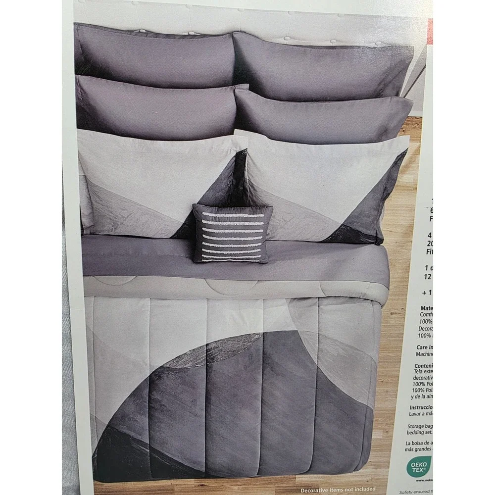 Mainstays Queen Comforter Set 10 Piece Grey White Geometric Sheets Pillow Set